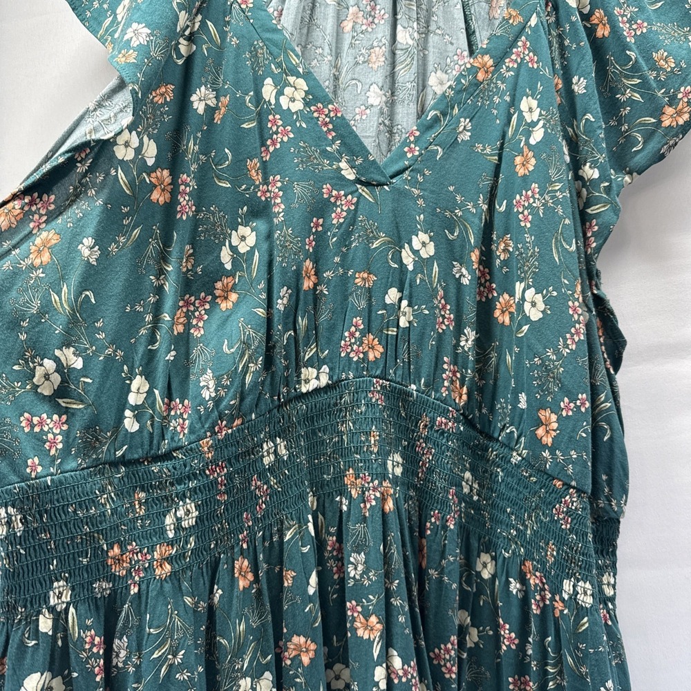 Old Navy Maxi Dress XXL Green Floral Layered Cap Sleeves Pullover V Neck Boho - Picture 4 of 9